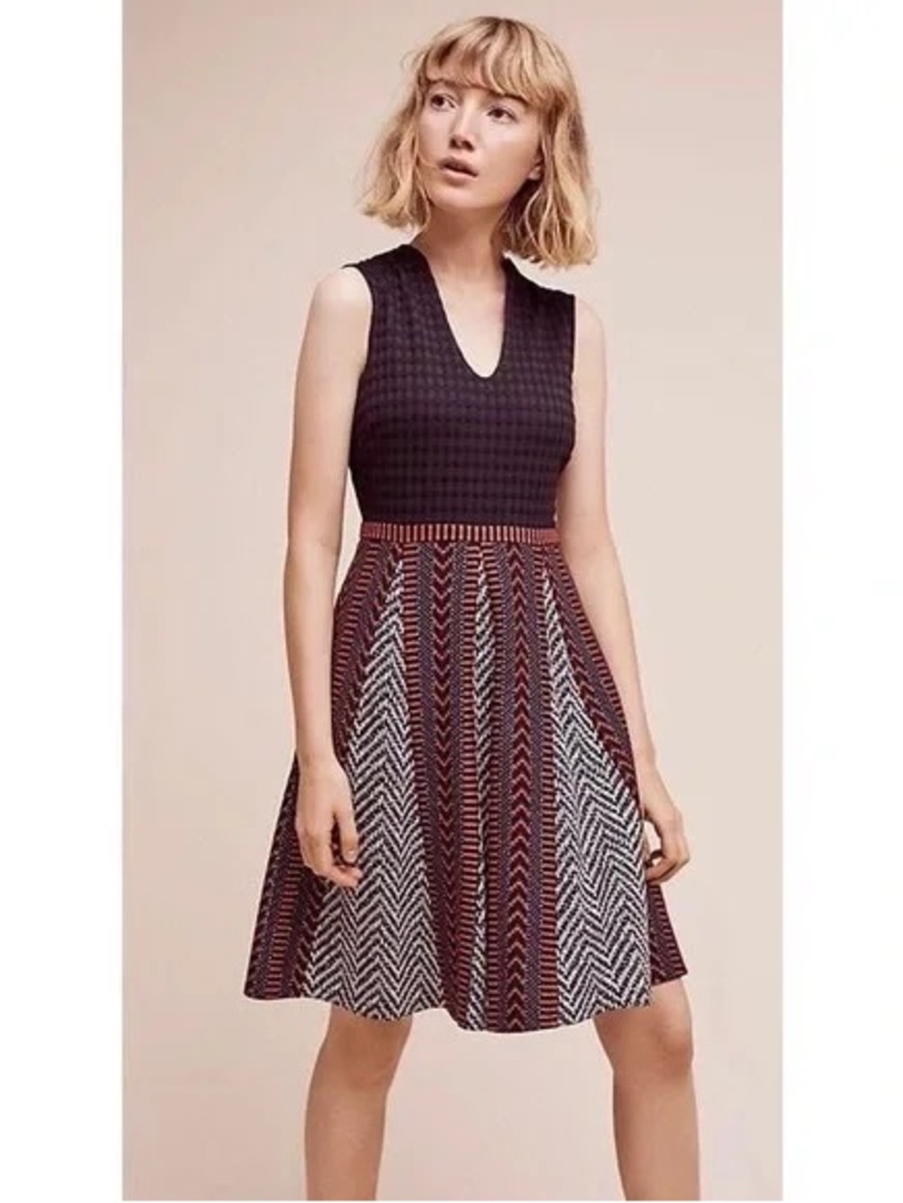Mauve Anthropologie Sleeveless Knit Fit-and-Flare Dress in Black ,Coral, & Blue